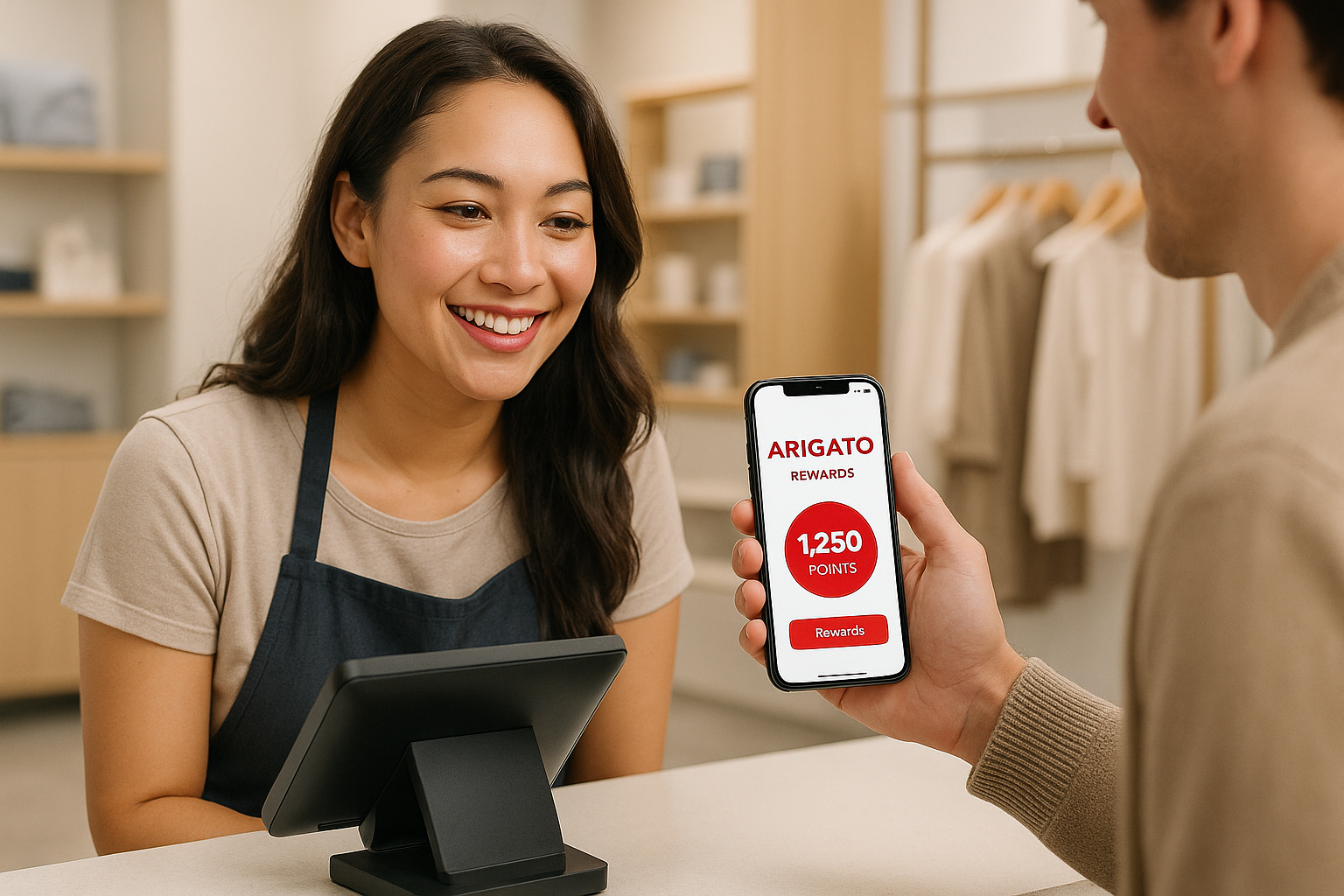 somebody shopping using AR rewards
pretty cashier with customer showing Arigato rewards on phone
